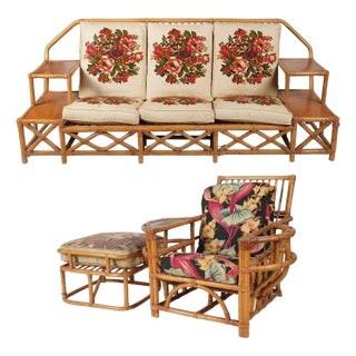 1950s Rare MCM Stepped Rattan Sofa Chair Ottoman Livingroom Set W/ Built in End Tables For Sale
