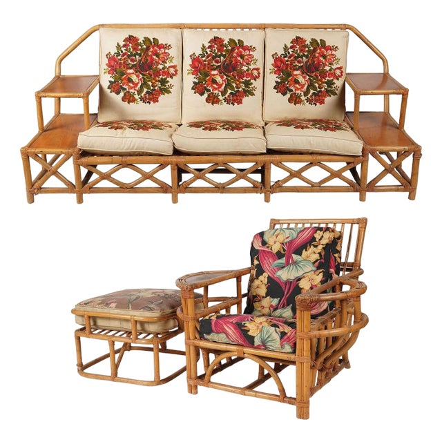 1950s Rare MCM Stepped Rattan Sofa Chair Ottoman Livingroom Set W/ Built in End Tables For Sale