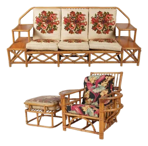 1950s Rare MCM Stepped Rattan Sofa Chair Ottoman Livingroom Set W/ Built in End Tables