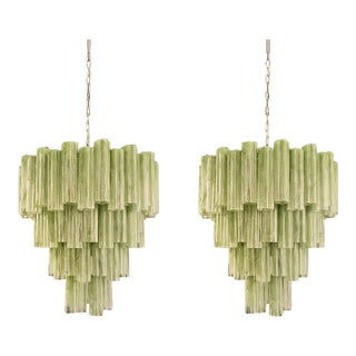 Four-Tier Murano Glass Chandelier With 80 Green Alabaster Glass Tubes and Polished Nickel Frame. For Sale