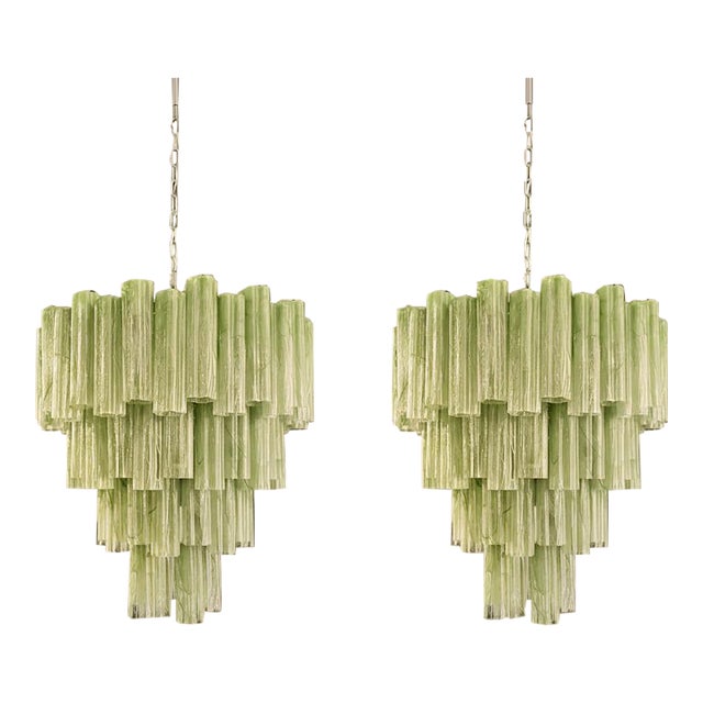 Four-Tier Murano Glass Chandelier With 80 Green Alabaster Glass Tubes and Polished Nickel Frame. For Sale