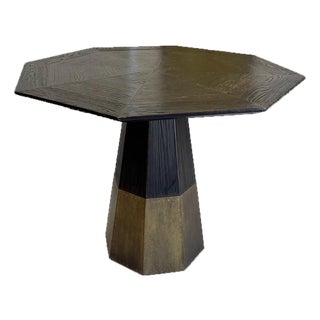 Mid 20th Century Octagonal Wood Pedestal Table With Brass Base, Sculptural Postmodern Design For Sale