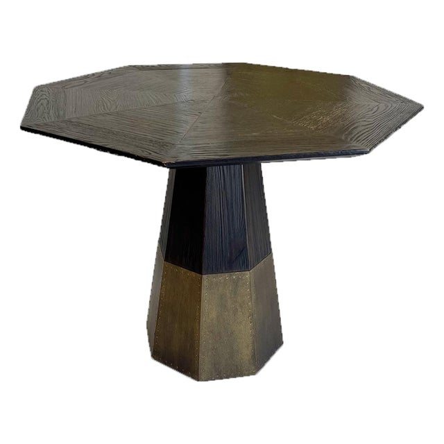 Mid 20th Century Octagonal Wood Pedestal Table With Brass Base, Sculptural Postmodern Design For Sale