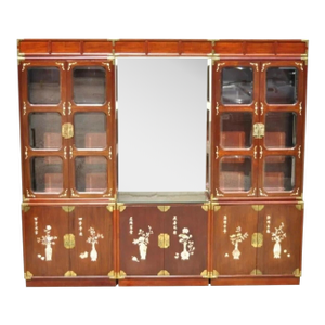 Vintage Chinese Mother of Pearl Hardwood China Cabinet Curio Display Wall Unit