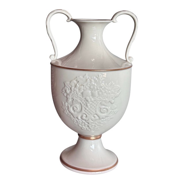 Lenox the Autumn Collection Large Embossed Double Handled Ivory Urn With 24 Karat Gold Accents For Sale