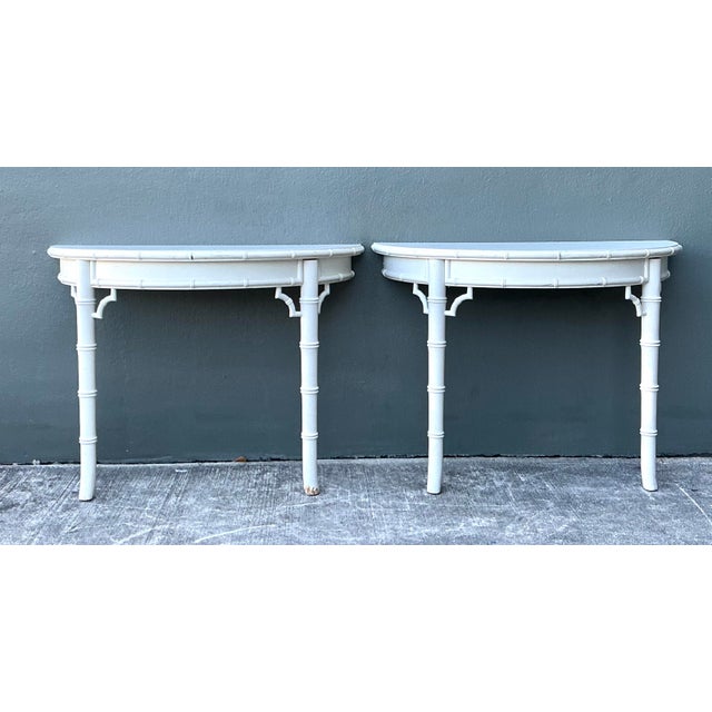 Vintage Faux Bamboo Wall Mount Demilune Console Tables - A Pair For Sale - Image 4 of 12