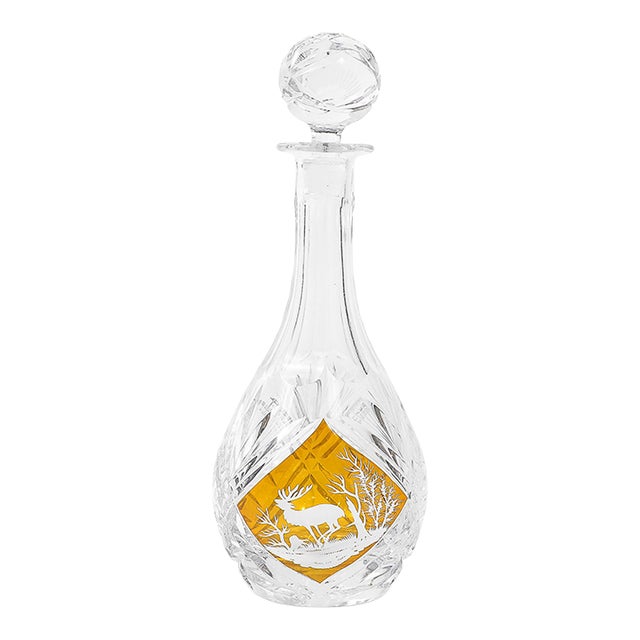 Mid-Century Modernist Cut Crystal Decanter W/ Engraved Naturalist Scene in Amber For Sale