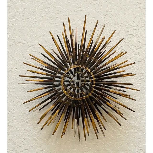Metal Mid 20th Century Diminutive Gilt Iron Two-Tier Sunburst Wall Sculpture by William Bowie For Sale - Image 7 of 13