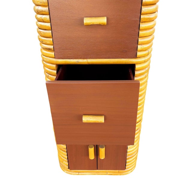 1970s Restored Paul Frankl Style Stacked Rattan & Mahogany Cabinet W/ Drawers For Sale - Image 9 of 10