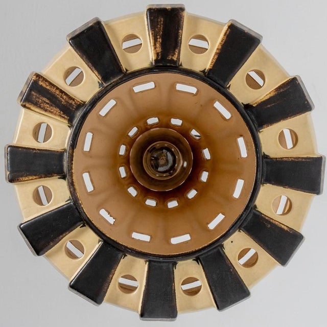 Ivory & Brown Ceramiy Trumpet Pendant Light, Denmark, 1970s For Sale - Image 4 of 18