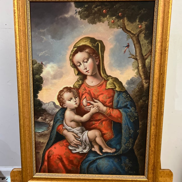Byzantine 20th Century Oil on Canvas Cuzco School Signed Framed Madonna With Child For Sale - Image 3 of 11