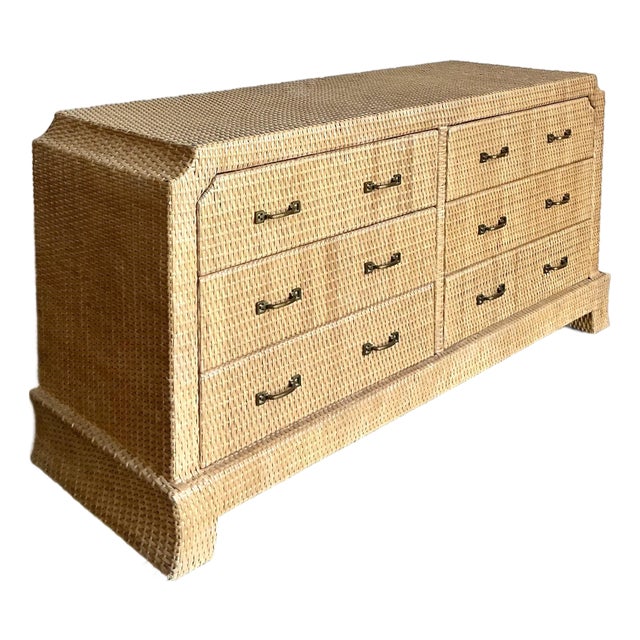 Vintage Boho Locar Woven Rattan Notched Dresser For Sale