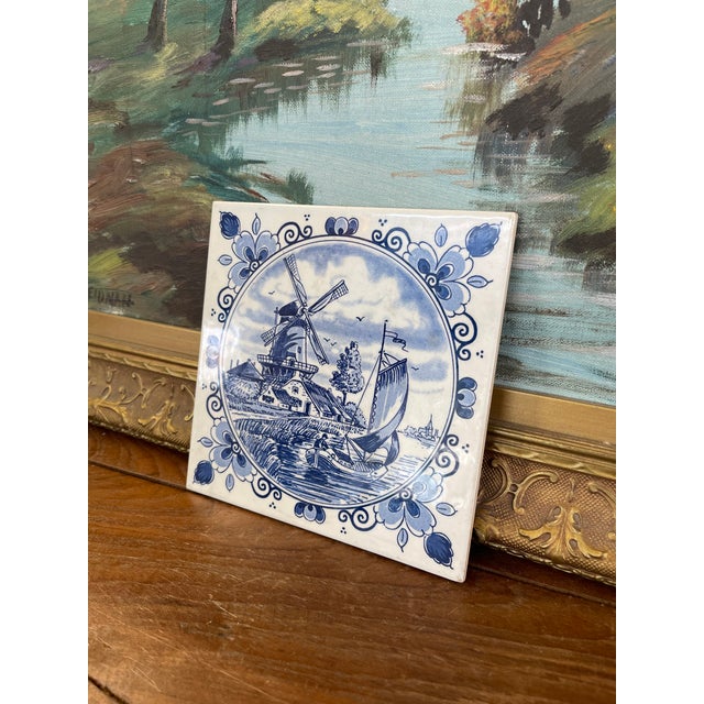 Mid 20th Century Vintage Dutch Delft Blue Ceramic Tile by Schoonhoven Keramiek, Holland - Windmill and Sailboat Scene. For Sale - Image 5 of 9