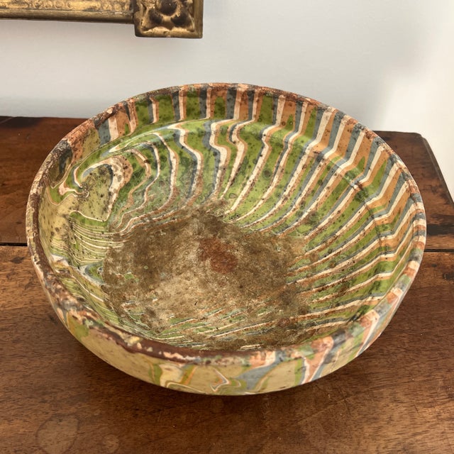 Antique Hungarian Bowl With Marbled Glaze Heavily Patinated