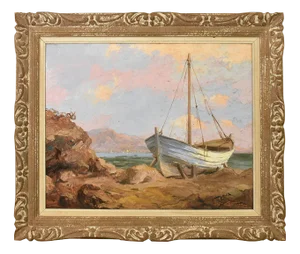 Léon Zeytline, Cote d'Azur Seascape with White Boat, Early 20th Century, Oil Painting, Framed