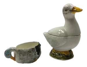 1960s Mediterranean Majolica Duck Cup and Tureen - 2 Pieces
