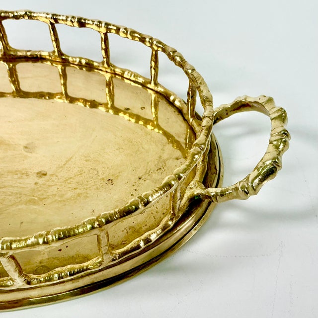 Mid-Century Hollywood Regency Coastal Boho Chic Oval Faux Bamboo Brass Tray, Mottahedeh Attributed For Sale - Image 13 of 13