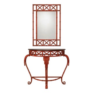 20th-C. Chinese Red Chippendale Style Tole Metal Mirror and Console Table For Sale