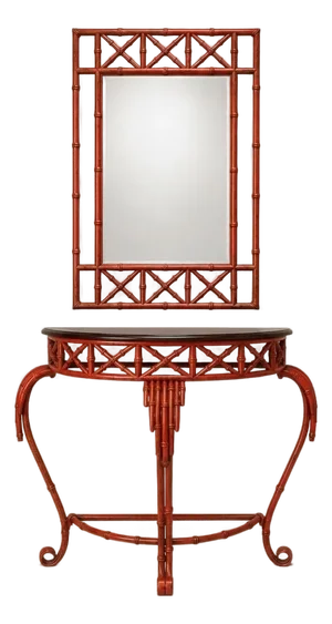 20th-C. Chinese Red Chippendale Style Tole Metal Mirror and Console Table