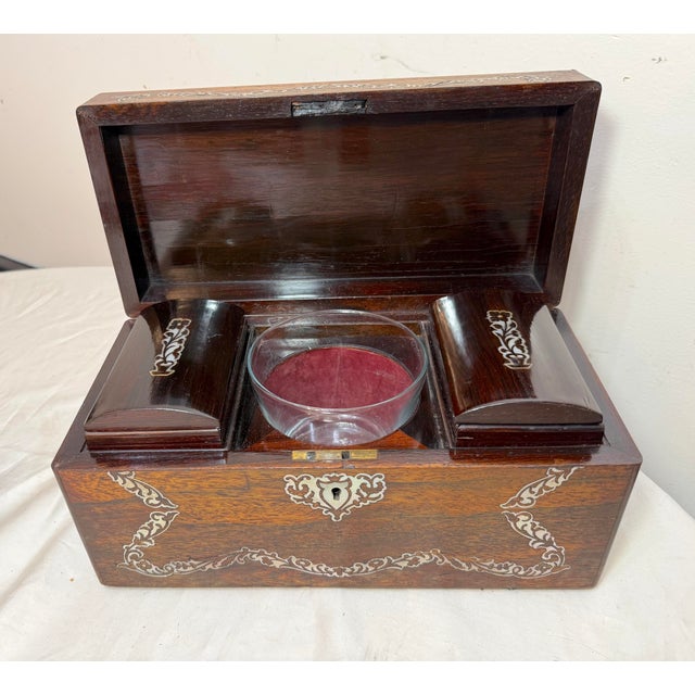 Antique 1800's English Inlaid Mother of Pearl Rosewood Wood Dual Tea Caddy Box For Sale - Image 11 of 18