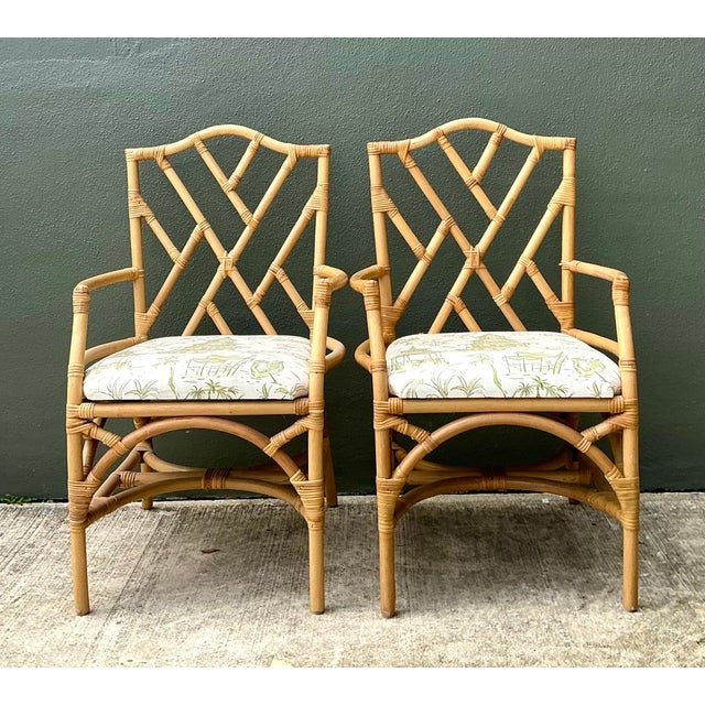 Vintage Coastal Chinese Chippendale Rattan Armchairs – A Pair For Sale - Image 9 of 12