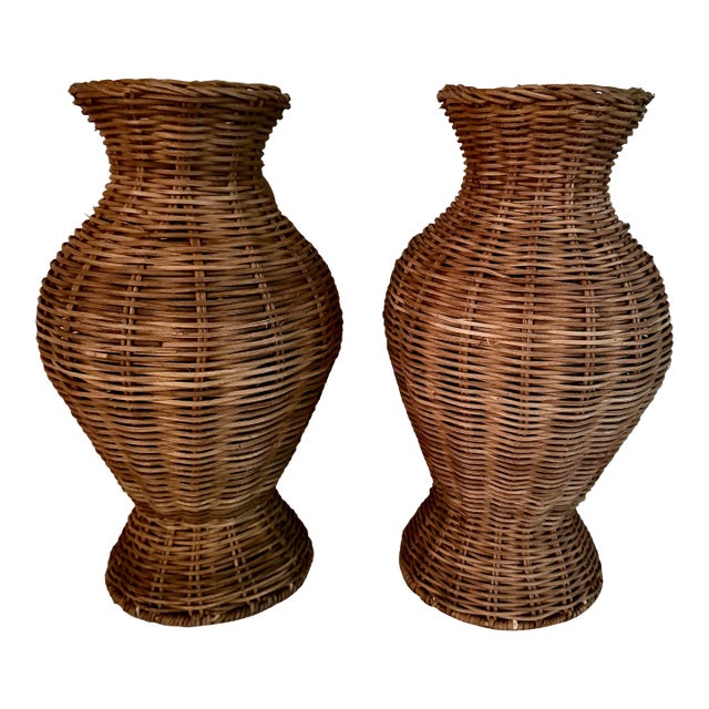 Handmade Rattan Urns Pair For Sale