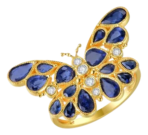 Nina Zhou Butterfly Sapphire Diamond Cocktail Ring in 14k Yellow Gold, Size 6