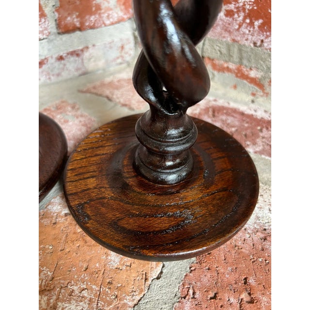 Pair Set Antique English Oak Open Barley Twist Candlesticks Candle Holder Brass For Sale - Image 10 of 12