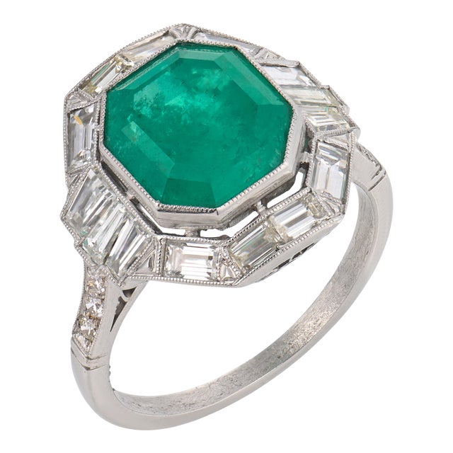 Art Deco Style 4.48 Carat Emerald Diamond Platinum Ring, Size 7.5 For Sale