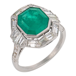 Art Deco Style 4.48 Carat Emerald Diamond Platinum Ring, Size 7.5