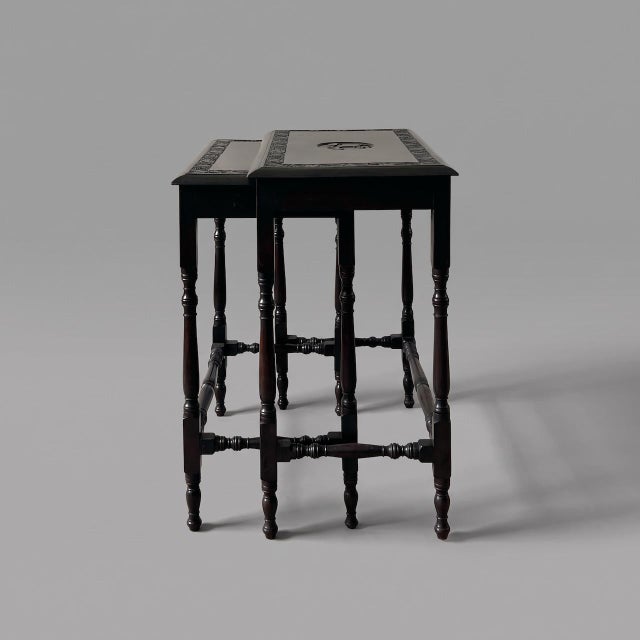 Victorian English Dyed and Carved Walnut Nesting Tables with Ivy Borders and Stag Emblem, 1890s, Set of 2 For Sale - Image 9 of 16
