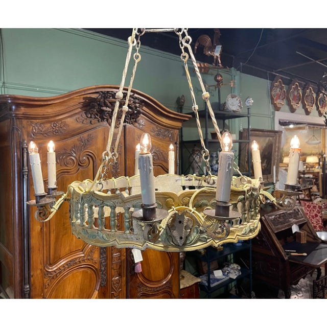 Early 20th Century French Louis XV Style Painted Wood Eight-Light Chandelier For Sale - Image 10 of 13