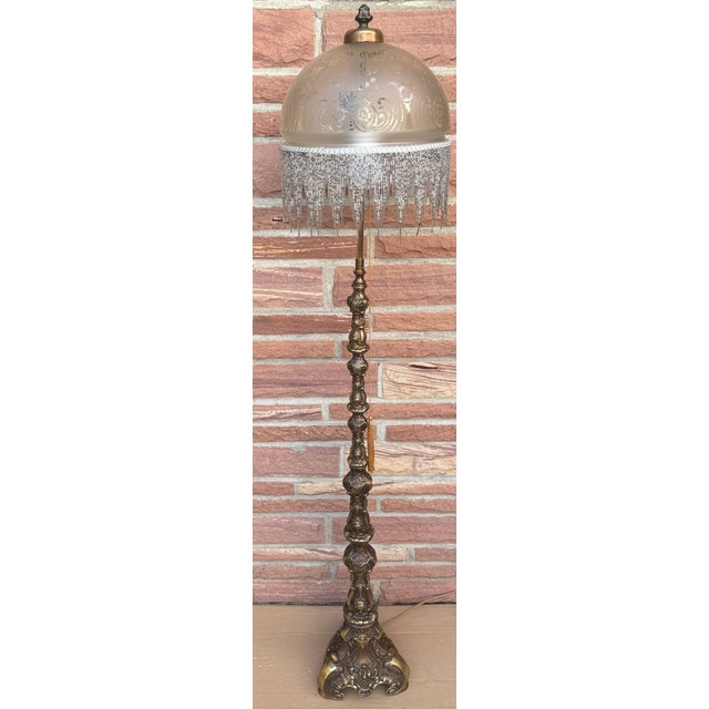 Vintage Brass Beaded Glass Shade Floor Lamp, 1950s For Sale - Image 4 of 12