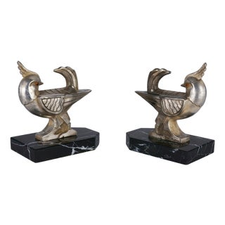 Bird-Shaped Bookends in Silver-Plated Cast Metal by H. Moreau, 1900s, Set of 2 For Sale
