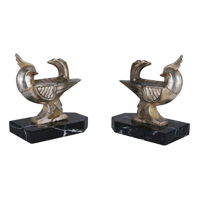 Bird-Shaped Bookends in Silver-Plated Cast Metal by H. Moreau, 1900s, Set of 2 For Sale
