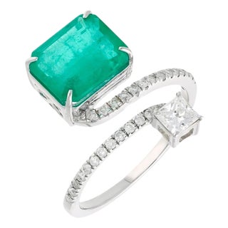 3.11 Ct Emerald Cut Emerald & 0.49 Ct Diamond Bypass Ring in 18 Kt Gold Size 6 For Sale