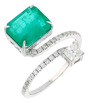 3.11 Ct Emerald Cut Emerald & 0.49 Ct Diamond Bypass Ring in 18 Kt Gold Size 6
