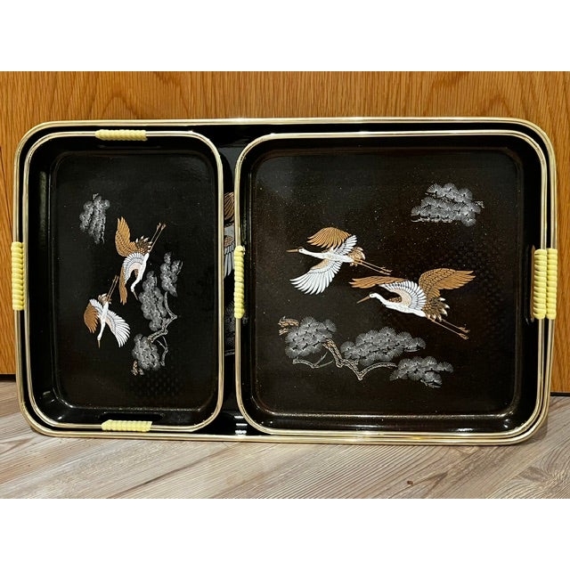 Set of 3 Mid 20th Century Japanese Maki Style Black Lacquer Effect Resin Two Trays Gold Painted Cranes For Sale - Image 13 of 13