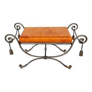 Vintage Gray Steel Bench With Gold Tassels and Leather Seat For Sale