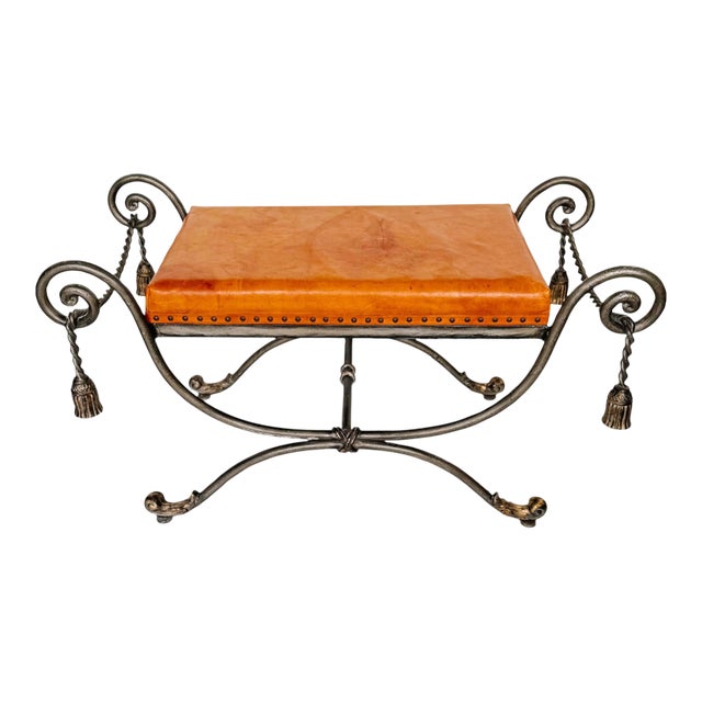 Vintage Gray Steel Bench With Gold Tassels and Leather Seat For Sale