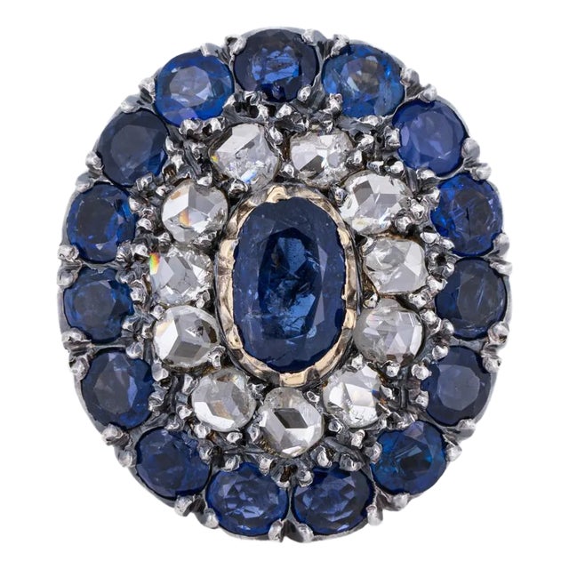 Victorian Sapphire and Diamond Double Halo Ring Circa 1880's Ring Size 5 For Sale