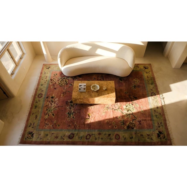 1920s Pink Cerise Floral Sprays Antique Chinese Art Deco Carpet 9' X 11' 5'' Knotted Wool Rug For Sale - Image 11 of 12