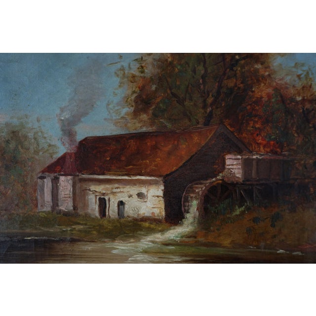 Early 20th Century Original Autumnal Landscape of Old Water Mill in Oil on Linen Wonderful antique landscape of water mill...