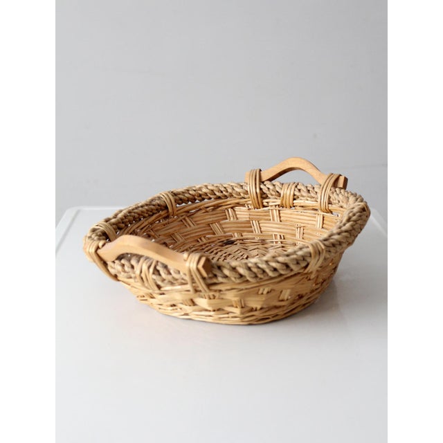 Wood Vintage Wicker Catchall Basket With Wooden Handles For Sale - Image 7 of 10