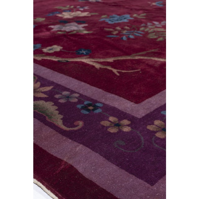 Antique Circa 1920's Burgundy Chinese Art Deco Hand Knotted Rug 9' X 11'6 For Sale - Image 4 of 12