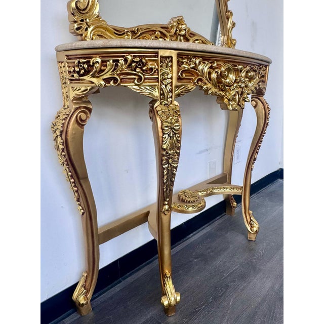 2010s Grand French Rococo Gold Leaf Console Table With Ornate Mirror & Light Marble Top – Luxury Entryway Set For Sale - Image 5 of 6