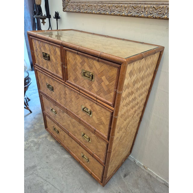 Vintage Itailian Grasscloth and Faux Bamboo Chest of Drawers For Sale - Image 4 of 7
