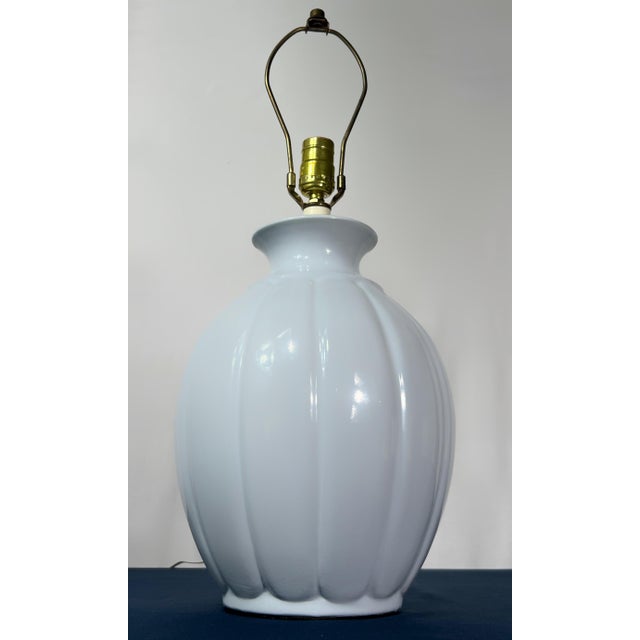 1980s 1980s Periwinkle Blue Ceramic Melon Table Lamp Postmodern Fluted Ribbed Statement Lamp For Sale - Image 5 of 7