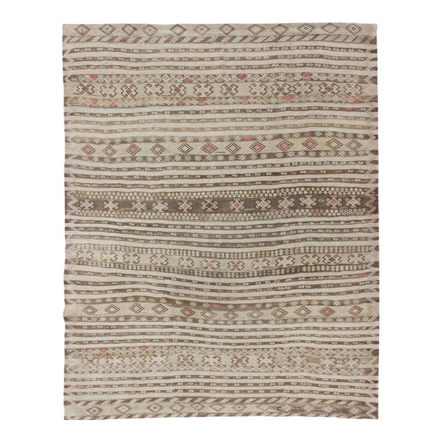 Vintage Turkish Kilim With Soft Taupe, Ivory, and Faded Pink Tribal Motifs For Sale