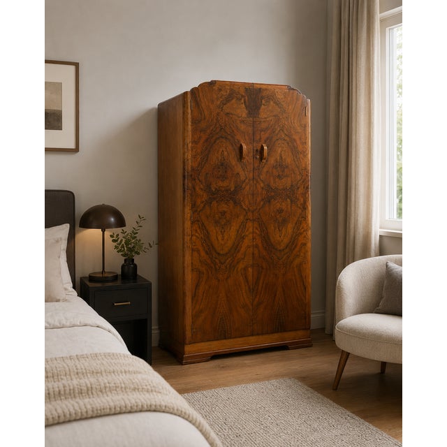 An Art Deco wardrobe in beautifully figured walnut with dramatic bookmatched grain, stepped cornice and original sculpted...